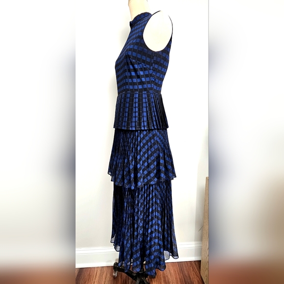 Club Monaco Pleated Tiered Midi Dress Blue Black Check Size 2 - Picture 8 of 10